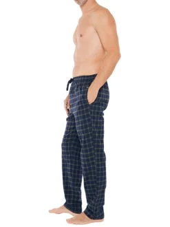 Pantalon de pyjama en coton marine vichy avec une coupe droite et des boutons à la taille