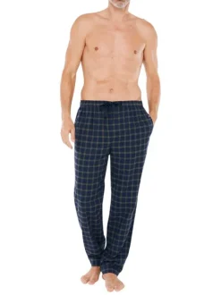 Pantalon de pyjama en coton marine vichy avec une coupe droite et des boutons à la taille