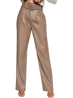 Pantalon Elle taupe en simili cuir avec une coupe droite