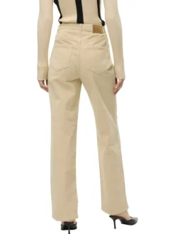 Pantalon en coton beige avec un revêtement effet velours à coupe droite
