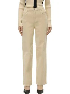 Pantalon en coton beige avec un revêtement effet velours à coupe droite