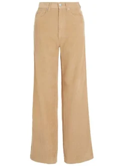 Pantalon en coton biologique mélangé beige avec une coupe bootcut et 5 poches