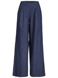 Pantalon en coton bleu pourvu d'une coupe évasée et d'une taille élastiquée