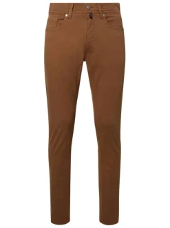 Pantalon en coton camel uni avec une coupe ajustée et une taille intermédiaire