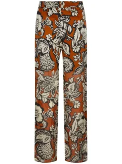 Pantalon en coton caramel imprimé de fleurs avec une coupe bootcut