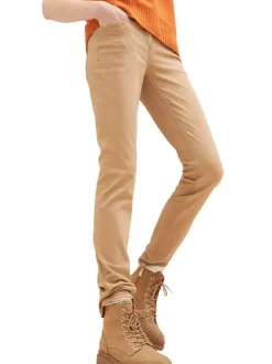 Pantalon en coton caramel uni avec une coupe slim et 3 poches avants