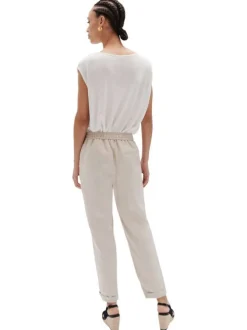 Pantalon en coton et lin mélangé beige uni avec une coupe droite