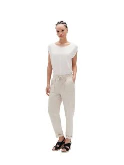 Pantalon en coton et lin mélangé beige uni avec une coupe droite
