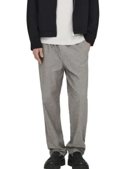 Pantalon en coton et lin mélangé taupe uni pourvu d'une coupe loose