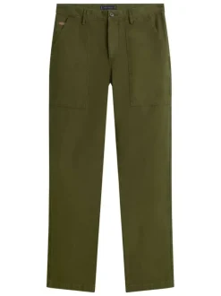 Pantalon en coton kaki à coupe droite pourvu de poches plaquées