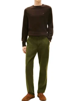 Pantalon en coton kaki à coupe droite pourvu de poches plaquées