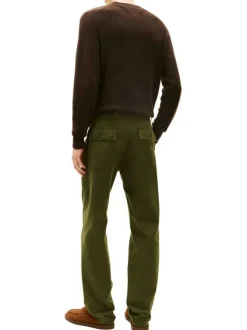 Pantalon en coton kaki à coupe droite pourvu de poches plaquées