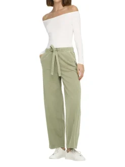 Pantalon en coton kaki uni avec une coupe large et une ceinture à la taille