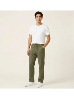 Pantalon en coton kaki uni pourvu de multiples poches et d'une coupe droite