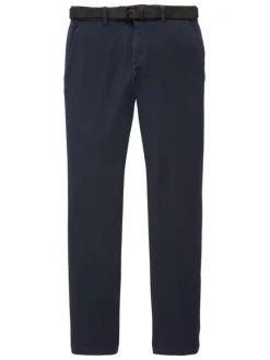Pantalon en coton marine avec une ceinture à la taille et une coupe slim