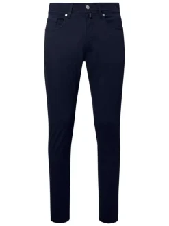 Pantalon en coton marine uni avec une coupe ajustée et des poches à l'italienne