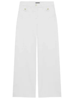 Pantalon en coton mélangé blanc uni à coupe bootcut avec des poches plaquées