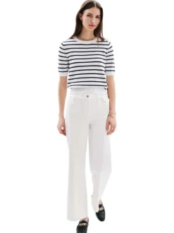 Pantalon en coton mélangé blanc uni à coupe bootcut avec des poches plaquées