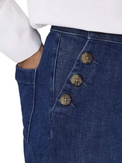 Pantalon en coton mélangé bleu indigo uni à coupe bootcut fermé par des boutons