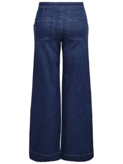 Pantalon en coton mélangé bleu indigo uni à coupe bootcut fermé par des boutons