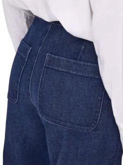 Pantalon en coton mélangé bleu indigo uni à coupe bootcut fermé par des boutons