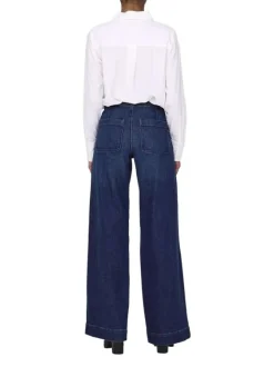 Pantalon en coton mélangé bleu indigo uni à coupe bootcut fermé par des boutons