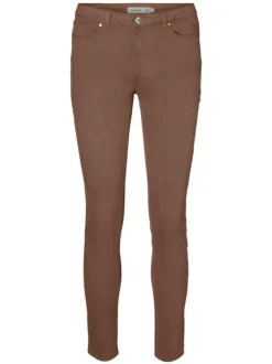 Pantalon en coton mélangé chocolat uni avec une coupe slim