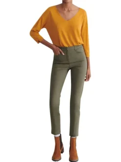 Pantalon en coton mélangé kaki avec une coupe slim et une taille intermédiaire