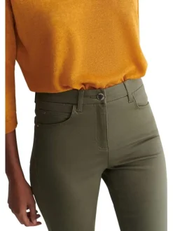 Pantalon en coton mélangé kaki avec une coupe slim et une taille intermédiaire