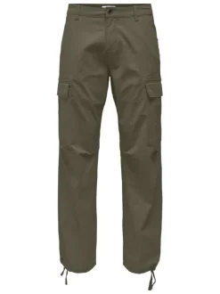 Pantalon en coton mélangé kaki uni avec des poches et une coupe droite
