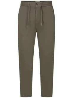 Pantalon en coton mélangé kaki uni avec une coupe droite et un lien de serrage