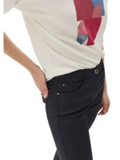 Pantalon en coton mélangé marine avec une coupe slim et une taille intermédiaire