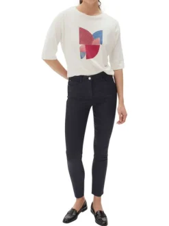 Pantalon en coton mélangé marine avec une coupe slim et une taille intermédiaire