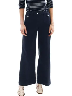 Pantalon en coton mélangé marine uni avec une coupe flare à zip et à bouton