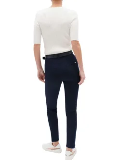 Pantalon en coton mélangé marine uni à coupe slim et taille intermédiaire