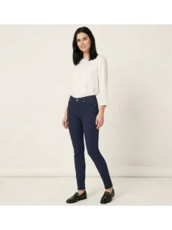 Pantalon en coton mélangé marine uni à coupe slim et une taille intermédiaire
