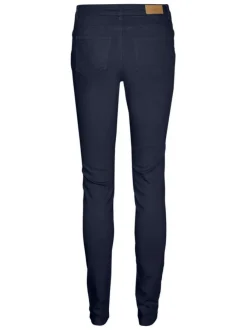 Pantalon en coton mélangé marine uni à coupe slim et une taille intermédiaire