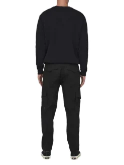 Pantalon en coton mélangé noir uni avec une coupe droite et des passants