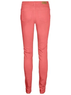 Pantalon en coton mélangé pêche uni à coupe slim et une taille intermédiaire