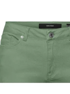 Pantalon en coton mélangé vert uni à coupe slim et ceinture boutonnée
