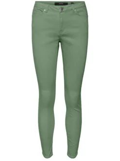 Pantalon en coton mélangé vert uni à coupe slim et ceinture boutonnée