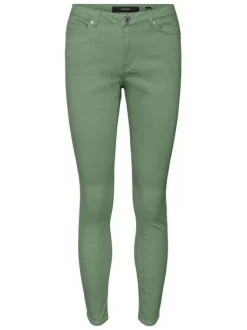 Pantalon en coton mélangé vert uni à coupe slim et ceinture boutonnée
