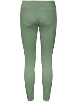 Pantalon en coton mélangé vert uni à coupe slim et ceinture boutonnée
