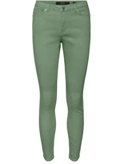 Pantalon en coton mélangé vert uni à coupe slim et ceinture boutonnée
