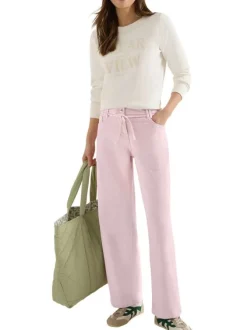 Pantalon en coton rose uni avec une coupe droite muni d'un zip et d'un bouton