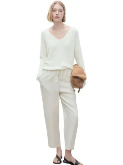 Pantalon en lin beige clair uni à coupe droite et à taille élastiquée