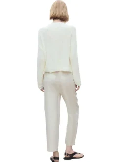 Pantalon en lin beige clair uni à coupe droite et à taille élastiquée