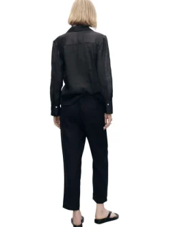 Pantalon en lin noir uni à coupe droite et à taille élastiquée