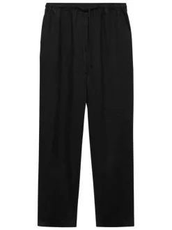 Pantalon en lin noir uni à coupe droite et à taille élastiquée