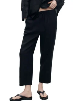 Pantalon en lin noir uni à coupe droite et à taille élastiquée